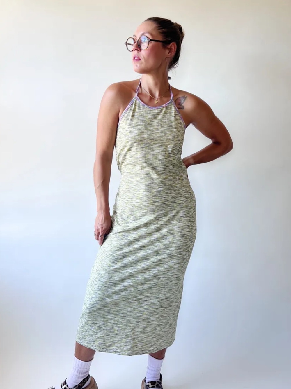 Lisa Says Gah Julia Halter Midi Backless Dress Ribbed Cotton Multicolor
